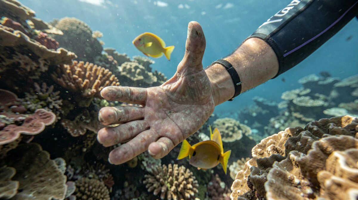 A diver's hand at depth on a Kona reef with a yellow tang passing close by, ambient light fading to blue water in the background.